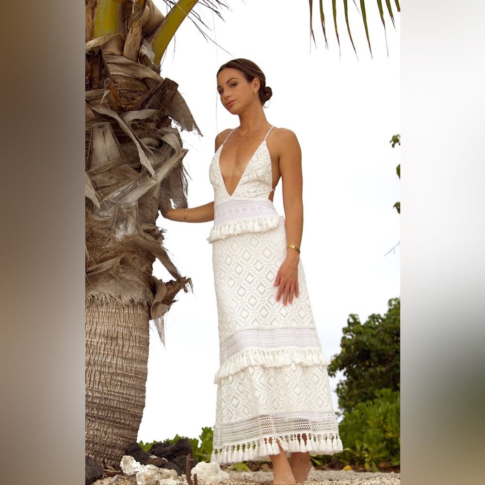 NIGHTCAP Free People *Lima* white crochet lace midi boho bridal dress tassels L